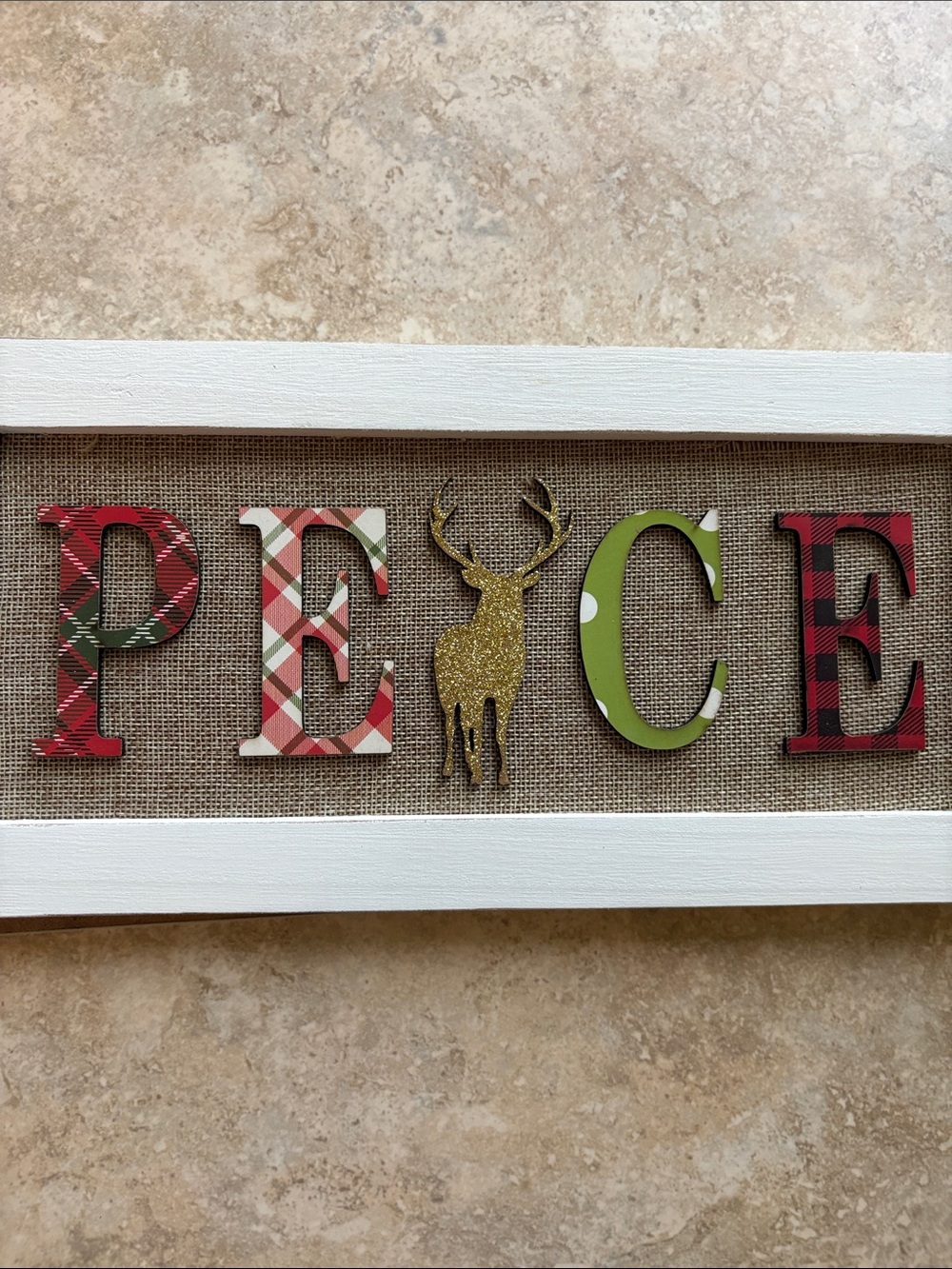 Holiday 'PEACE' Wall Sign with Glitter Reindeer - Green, Red, Plaid